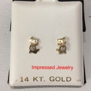 14K Real Gold Kitty Cat Stud Heart CZ stud earring
